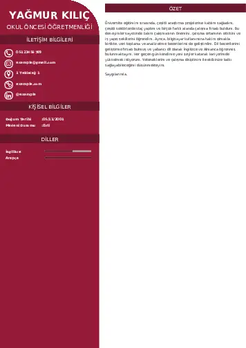 Okul Öncesi Öğretmeni Öğretmenliği Cv Örnekleri cv indir